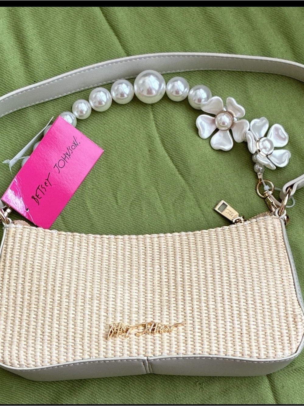 Betsey Johnson Cream Woven Shoulder Bag with Pearl & Floral Accents